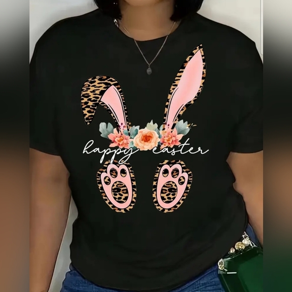 Tops - Easter Graphic Tee with Leopard Accents